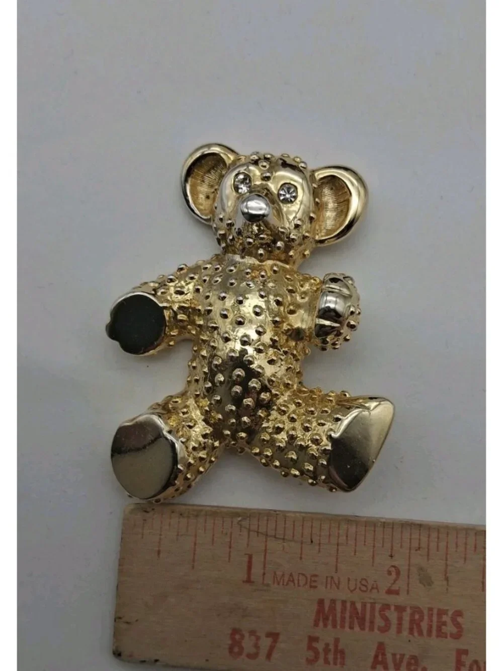 Vintage Teddy Bear Brooch Pin Brushed Gold Rhinestone Crystal Chunky 1980s